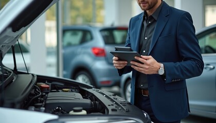 Potential car buyer inspects vehicle with tablet in modern dealership showroom. Man wearing formal suit checks engine with digital tech. Automotive industry, car sale, vehicle inspection concept.