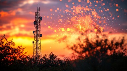 Naklejka premium Sunset, telecommunication tower, silhouetted trees