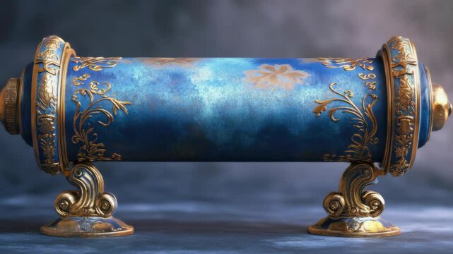 Ancient scroll with gold and blue decorations in a vintage style. The scroll is housed within an ornate box with intricate design details.