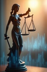 Statue of Lady Justice holds scales, sword, fairness legal system. Concept of law, justice, court, judge, legal advice business. Balancing rights, regulations, court decision. Digital illustration