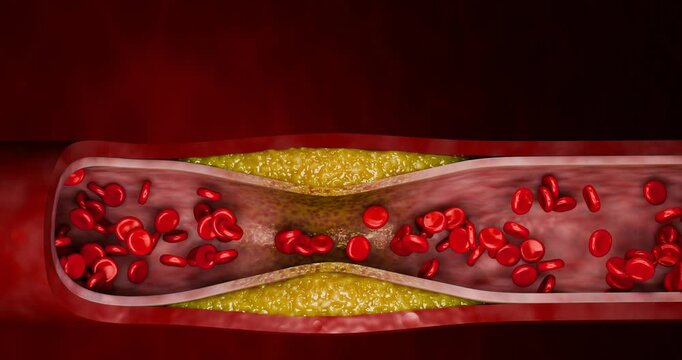 Blocked artery filled with accumulation of fat, cholesterol plaques, blood clots, unhealthy foods, and sugary beverages, illustrating risks of heart disease, stroke, and vascular damage. 3D rendering.