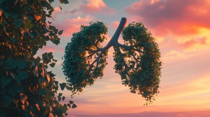 Creative Tree Illustrating Lungs with Vibrant Sunset Background
