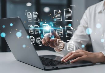 Law regulation and compliance rules on virtual screen concept. Business person working at laptop computer and digital documents with checkbox lists.