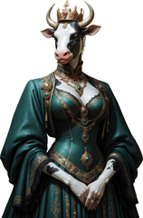 Fototapeta premium Antropomorfismo, furry, toto, vaca, retrato, arte, mujer, elegante, ornamenta, corona