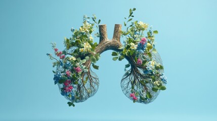 Lungs Made of Colorful Flowers and Greenery Against Blue Background