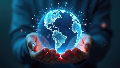 Person holds glowing digital globe representing global network, communication. Earth sphere, communication technology, digital connection, cyberspace, futuristic concept. Global network, digital