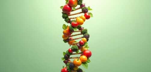 Illustration of DNA double helix strand made from fruits vegetables. Healthy food concept. Fruits, vegetables, medical science combined to show healthy life, balanced diet, green nutrition. Ideal for