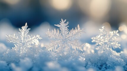 Three delicate snowflakes in snow