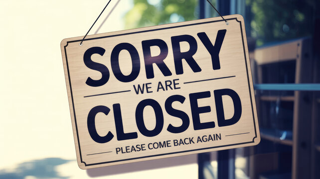 A sign hanging from a building that says Sorry we are closed. Please come back again