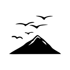 Simple landscape line art with flying birds and mountain peak in bold black doodle style, ideal for adventure icons, outdoor blog headers, wanderlust themes, and travel illustrations