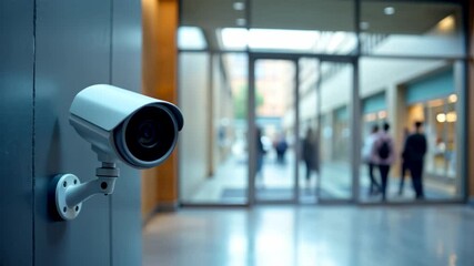 White security camera mounted on wall in modern office building corridor. Security camera observes people walking through blurred glass doors, ensuring safety and surveillance.
