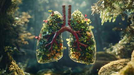 Lungs Made of Nature with Flowers and Plants in a Forest Setting