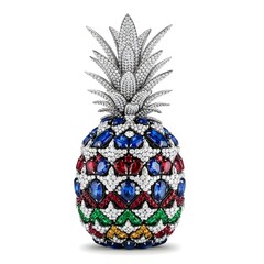 Pineapple made of various jewels isolated against a white background. Jewelry, sparkle, luxury, fruit, diamond, precious stones, tropical luxury, fine jewelry, high-end art, artistic fruit, gemstone