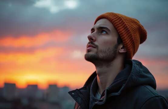 Young man wearing beanie outdoors during sunset. Portrait of stylish male with beard, looking up. Warm light, casual attire, peaceful mood, serene atmosphere. Modern lifestyle, relaxed individual,
