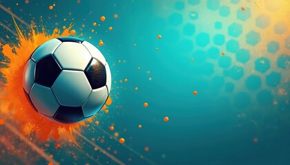 Fototapeta premium Dynamic illustration soccer ball in vibrant turquoise orange abstract background. Soccer ball textured with European championship elements, copy space. Suitable for sport theme, football game. Soccer