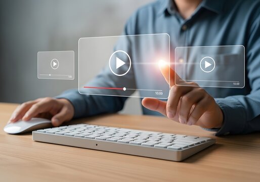 man using mouse and keyboard for streaming online, watching video on internet, live concert, show or tutorial