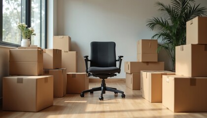 Office relocation concept. Black office chair in empty room. Cardboard boxes stacked ready to move. Company moving belongings to new office space. Business, property, rent concept.
