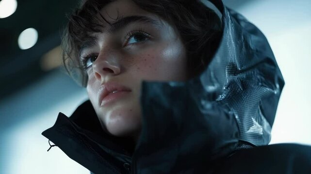 A young woman in a stylish, waterproof jacket looking confident and prepared for outdoor adventures.