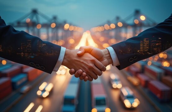 Handshake business partners, logistic transportation hub twilight. International shipping, cargo, import export concept. Collaboration, teamwork, agreements, success, cooperation. Trade, commerce,