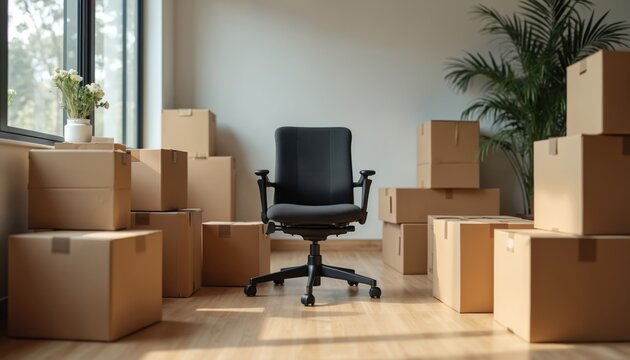 Office relocation concept. Black office chair in empty room. Cardboard boxes stacked ready to move. Company moving belongings to new office space. Business, property, rent concept. - Powered by Adobe