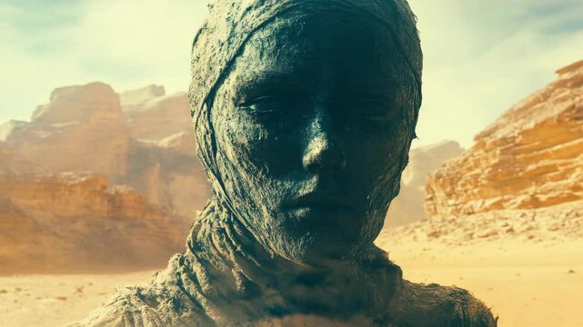 Skeletal zombie in a desolate desert environment, wearing scavenged rags and bandages.