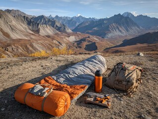 Camping gear with scenic mountain landscape