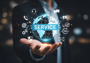 Customer service and support solution, Businessman offering digital support with global communication icons. Contact us page, online helpdesk, 24/7 service, Ai chatbot, email, Ai assistance.