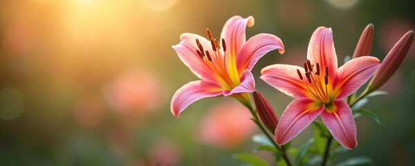 Two pink lilies bloom in soft warm light. Bokeh background creates blurred effect. Flowers illustrate beauty, nature, spring. Use for design, greeting cards, holidays, birthday, wedding.