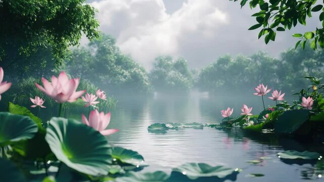 Buddhist temple in misty background over still pond with lotus flowers, green foliage and gentle waves