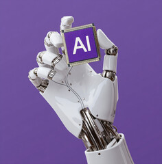  Robotic arm holding AI chip, on purple background. stock image
