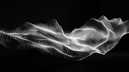 Abstract white mesh surface with glowing dots on a dark background creates a futuristic feel