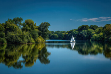 Obraz premium serene summer landscape featuring solitary sailboat on tranquil lake in minnesota