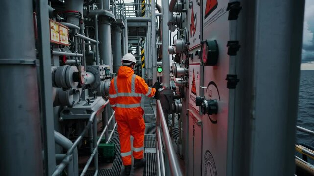 offshore Oil Rig Worker Approaches Hazardous Process Area at Oil and Gas Facility