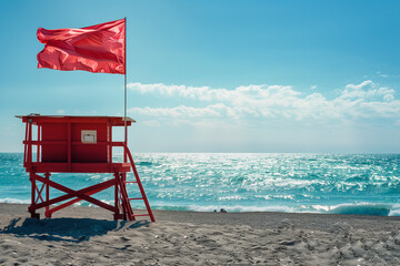 Red Flag at Beach Lifeguard Station Alerts Swimmers to Stay Out of Dangerous Waters During Summer Travel Season