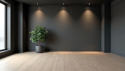 Empty modern room with black wall wooden floor. Interior 3D rendering. Green plant in pot near window. Minimalist style apartment design, studio space. Home decor element with copy space for product