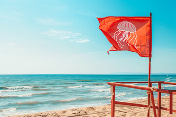 Jellyfish Flag Flying Above Lifeguard Tower Warns Swimmers of Possible Stings and Marine Hazards During Vacation Season