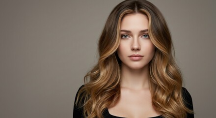 Naklejka premium Portrait of a Woman with Long Wavy Brown Hair on a Gray Background