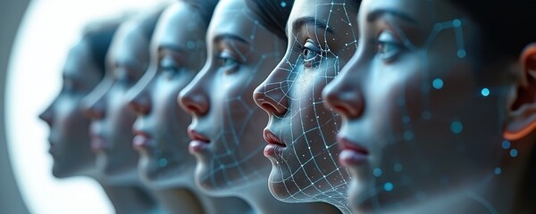 Futuristic art with ai-driven deepfake tech. Multiple faces in profile with digital overlay network. Innovation in facial recognition, identity and visual content. Cyber twin concept.