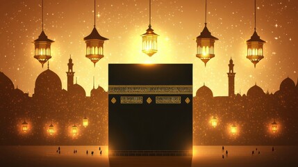 Illuminated Kaaba with Lanterns Against a Sparkling Night Sky
