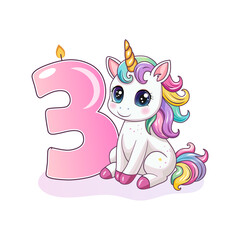 An invitation to a birthday party. Cute unicorn with the number 3. Vector illustration.
