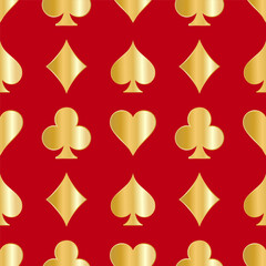 Seamless pattern of playing card symbols. Golden spades; clubs; hearts; diamonds on a red background. Vector illustration