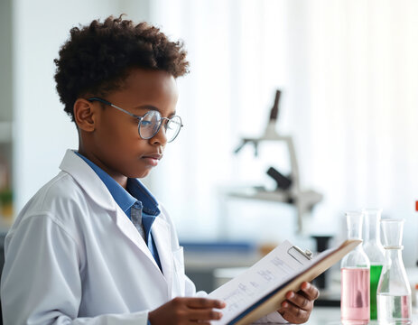 Young African American boy studies science in classroom. Boy in white lab coat, glasses examines papers, experiments with liquids in flask, chemical research, education concept. Curiosity, learning.