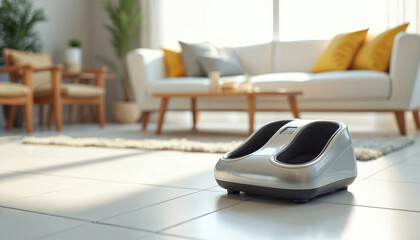 Sleek silver foot massager on white tile floor in a modern living room with white sofa yellow pillows. Home wellness device offers comfort relaxation. Everyday health care at home.