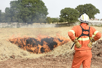 pompiere in piedi osserva un incendio spento