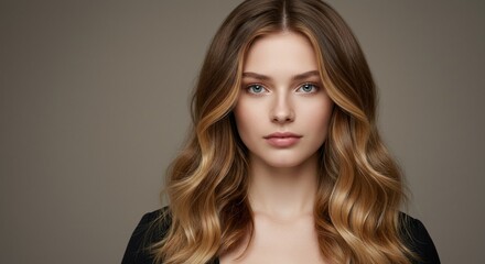 Fototapeta premium Portrait of a Young Woman with Wavy Brown Hair on a Neutral Background
