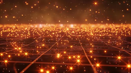 Fototapeta premium Abstract glowing orange grid with small particles and lines creating a futuristic landscape