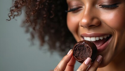 Close-up portrait of person expression tasting artisanal chocolate mint truffle on National Chocolate Mint Day. Woman enjoys dessert. Sweet moment of bliss. Gourmet chocolate, mint flavor combination.