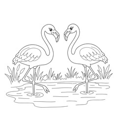 Two flamingos stand face-to-face in calm water, creating a peaceful and elegant scene.