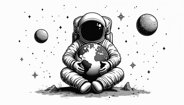 Astronaut holding planet Earth in space. Cosmic exploration art. Planets with stars on white background. Galaxy and universe themes. Environmental protection eco-friendly concepts.