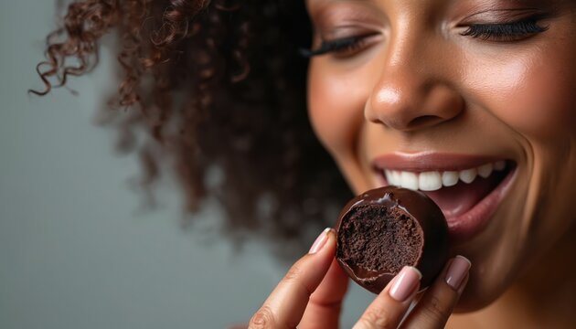 Close-up portrait of person expression tasting artisanal chocolate mint truffle on National Chocolate Mint Day. Woman enjoys dessert. Sweet moment of bliss. Gourmet chocolate, mint flavor combination.